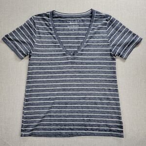 Lucky Brand Womens Top Size S Blue White Striped Classic V-Neck Short Sleeve